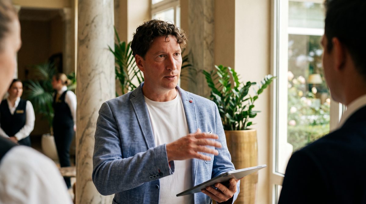 Andreas Lerch im Briefing mit dem Hotelteam während eines 3Perspectives-Sprints