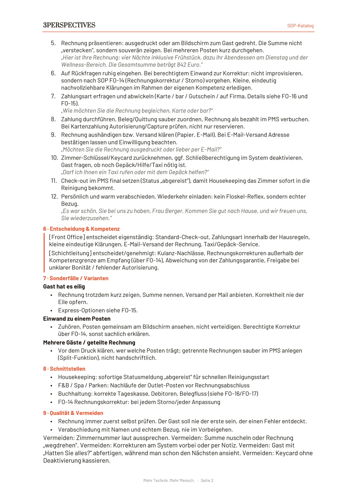Seite 2 der SOP Front Office, Check-out, Kasse und Nacht: Arbeitsschritte mit Formulierungen für den Gast, Entscheidungsrahmen, Sonderfälle und Schnittstellen